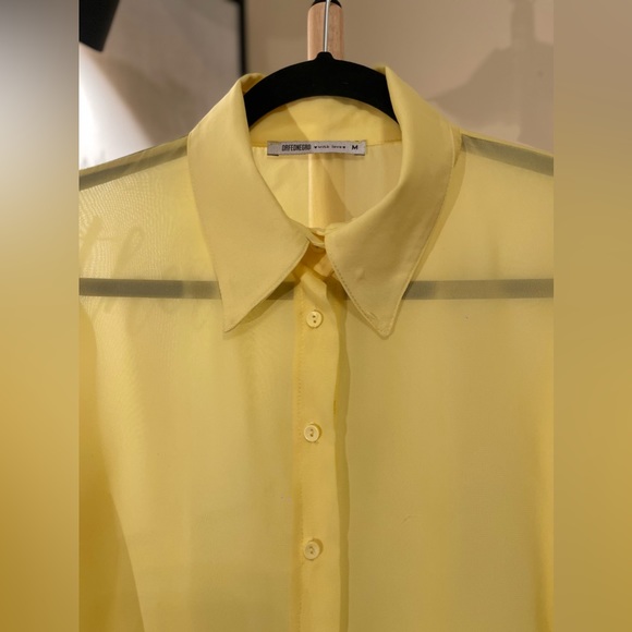 Women's Chic Half-Sleeved Chiffon-Mesh Button Down Yellow Shirt-Blouse-Top - Picture 8 of 12